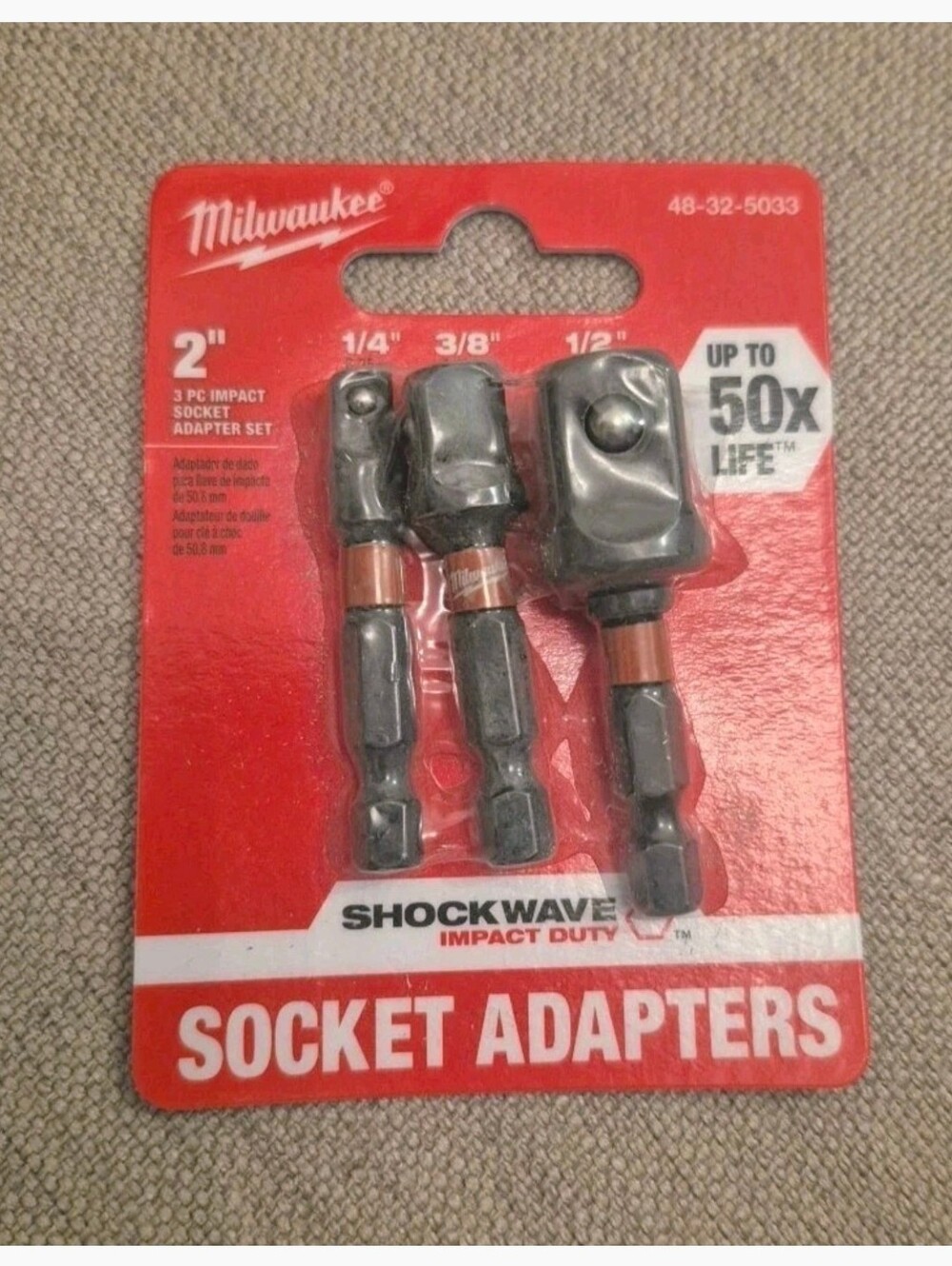 Milwaukee Shockwave IMPACT DUTY 2" SOCKET ADAPTER SET: 1/4" 3/8" 1/2" 3pc Set